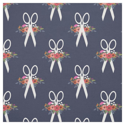 Floral Scissors Navy Blue Pattern Stof (Swatch)