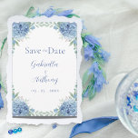 Floral Script Blue Hydrangeas Waterverf Save The Date<br><div class="desc">blauwe waterverf hydrangeas met zachte waterverven is perfect voor deze lente- en zomerbruiloft "Save the Date" trouwherinnering. Coördinerend blauw manuscript en typografie. Pas aan zoals nodig. Als u de link "Verder aanpassen" wilt aanpassen, klikt u op de link "Verdere aanpassingen aanpassen" en gebruikt u het ontwerpgereedschap om wijzigingen aan te...</div>