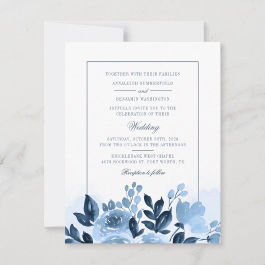 Floral Script Blue Waterverf Botanical Wedding Kaart (Voorkant)