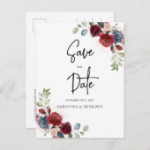 Floral Script Burgundy Wedding Save the Date Aankondigingskaart (Voorkant / Achterkant)