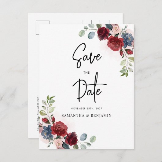 Floral Script Burgundy Wedding Save the Date Aankondigingskaart (Voorkant / Achterkant)