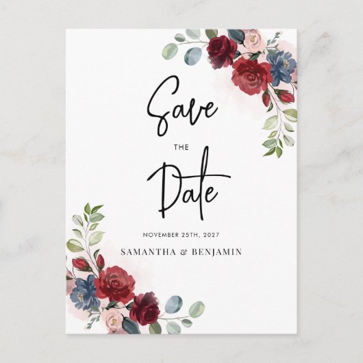 Floral Script Burgundy Wedding Save the Date Aankondigingskaart (Voorkant)