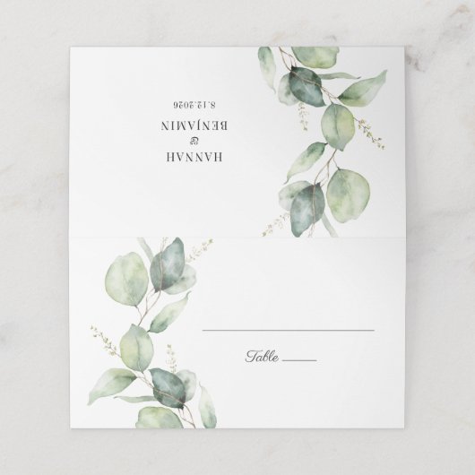 Floral Script Eucalyptus Botanical Wedding Plaatskaartje (Buitenkant ongevouwen)