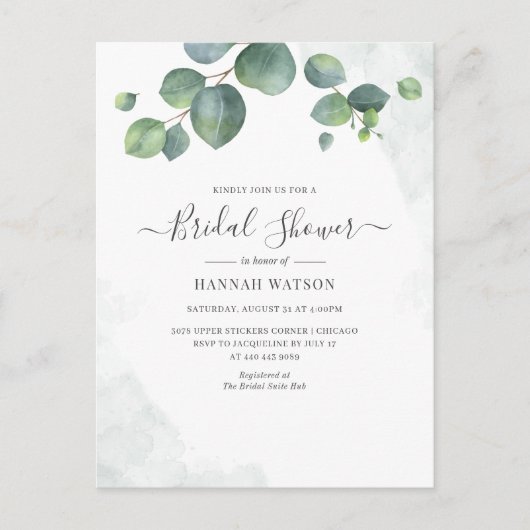 Floral Script Eucalyptus Greenery Vrijgezellenfees Uitnodiging Briefkaart (Voorkant)
