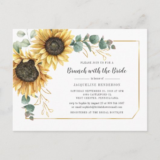Floral Script Eucalyptus Sunflower Bridal Brunch Uitnodiging Briefkaart (Voorkant)