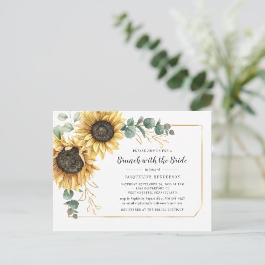 Floral Script Eucalyptus Sunflower Bridal Brunch Uitnodiging Briefkaart (Staand voorkant)
