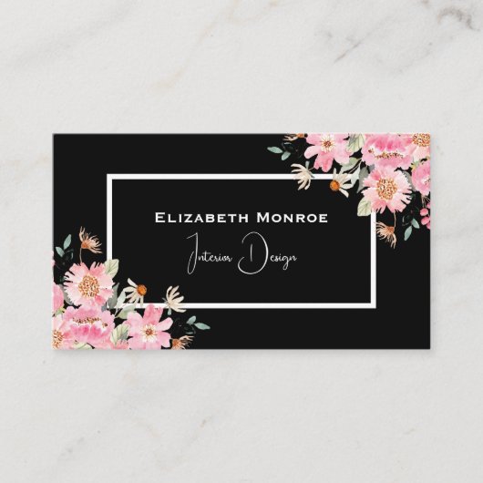 Floral Script Interior Design Black Visitekaartje (Voorkant)