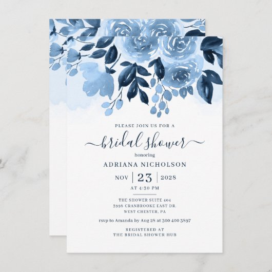 Floral Script Navy Blue Waterverf Vrijgezellenfees Kaart (Voorkant / Achterkant)