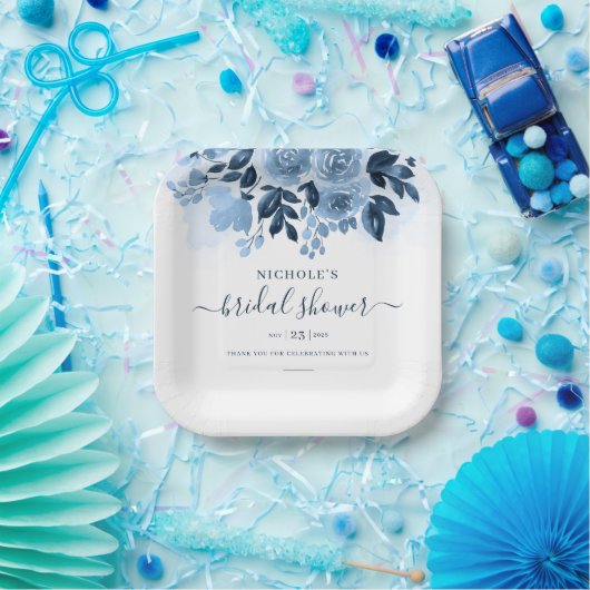 Floral Script Navy Blue Waterverf Vrijgezellenfees Papieren Bordje (Feest)