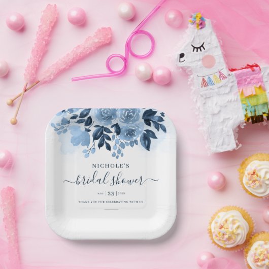 Floral Script Navy Blue Waterverf Vrijgezellenfees Papieren Bordje (Feest)