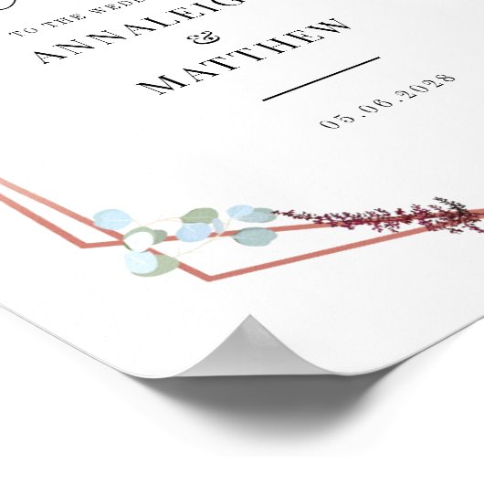 Floral Script Paars Geometric Weddenschap Welkom Poster (Hoek)