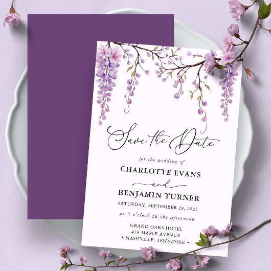 Floral Script Paarse Wisteria Save the Date Kaart