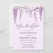 Floral Script Paarse Wisteria Save the Date Kaart (Voorkant)
