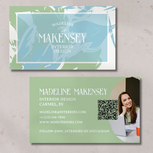Floral Script QR Code Interieur Design Foto Visitekaartje