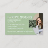 Floral Script QR Code Interieur Design Foto Visitekaartje (Voorkant)