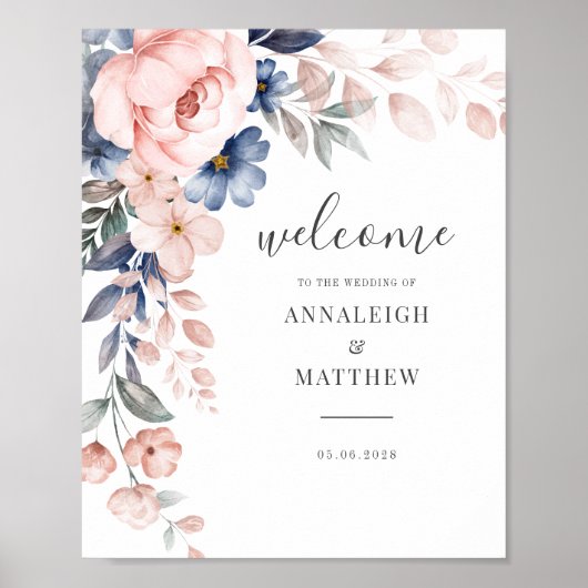 Floral Script roze Waterverf Weddenschap Welkom Poster (Voorkant)