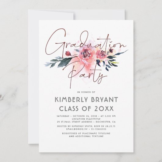 Floral Script Waterverf Elegant Graduation Party Kaart (Voorkant)