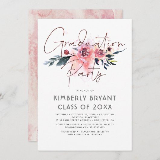 Floral Script Waterverf Elegant Graduation Party Kaart (Voorkant / Achterkant)