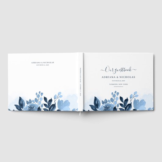Floral Script Waterverf Navy Blue Wedding Gastenboek (Volledig)
