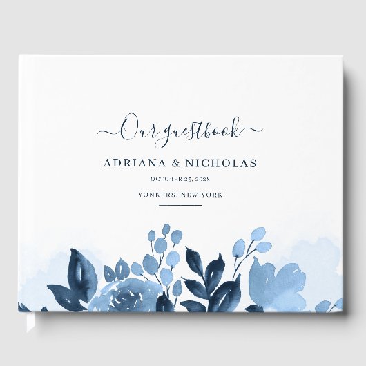 Floral Script Waterverf Navy Blue Wedding Gastenboek (Voorkant)