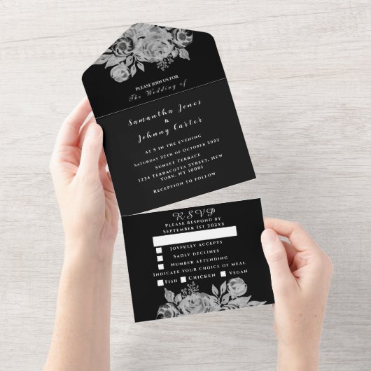 Floral Script Wedding Black and White Waterverf All In One Uitnodiging (Afscheurbaar)