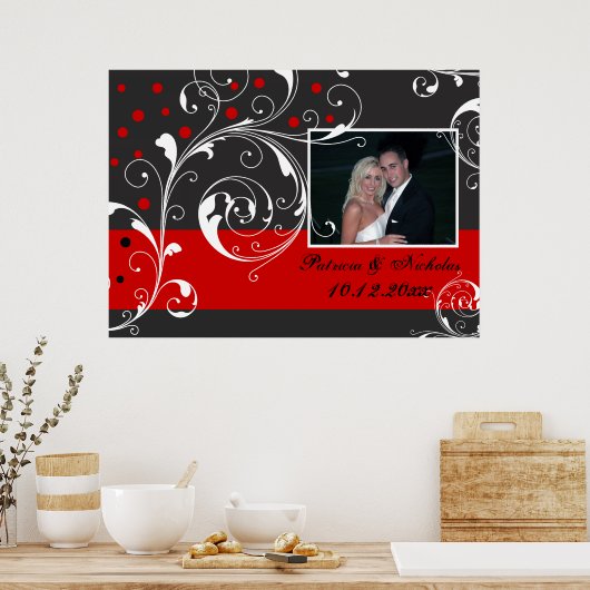 Floral scroll leaf black, rode trouwfoto poster (Keuken)
