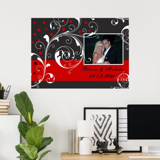 Floral scroll leaf black, rode trouwfoto poster (Thuiskantoor)