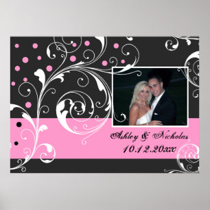 Floral scroll leaf zwarte roze trouwfoto poster