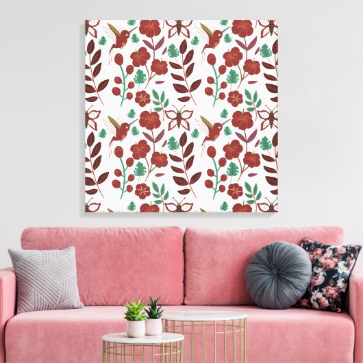 Floral seamless pattern birds and butterflies canvas afdruk (Insitu (Woonkamer))
