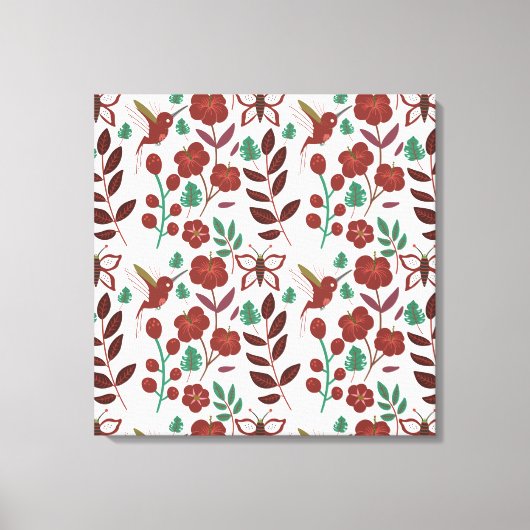 Floral seamless pattern birds and butterflies canvas afdruk (Voorkant)