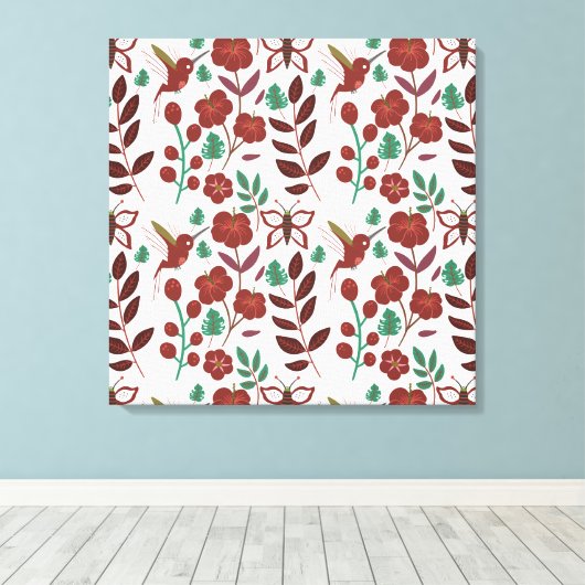 Floral seamless pattern birds and butterflies canvas afdruk (Insitu (Houten vloer))