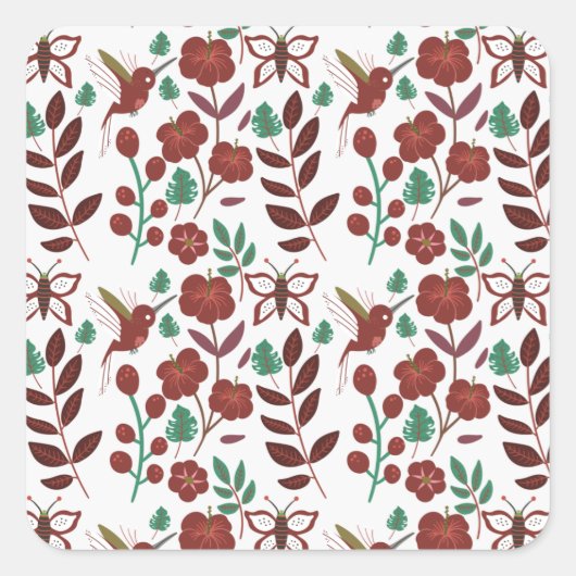 Floral seamless pattern birds and butterflies vierkante sticker (Voorkant)