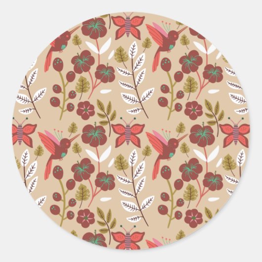Floral seamless pattern flowers, birds, butterfly ronde sticker (Voorkant)