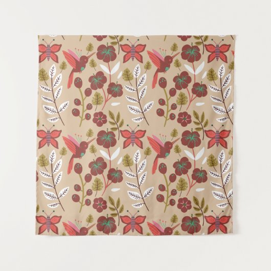 Floral seamless pattern flowers, birds, butterfly wandkleed (Voorkant)