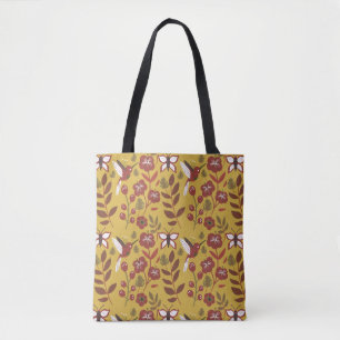 Floral seamless pattern flowers, butterfly, red tote bag