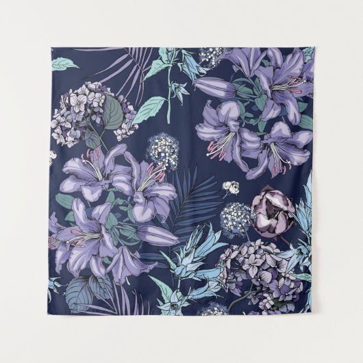 Floral seamless pattern. There are Lily, Hydrangea Wandkleed (Voorkant)