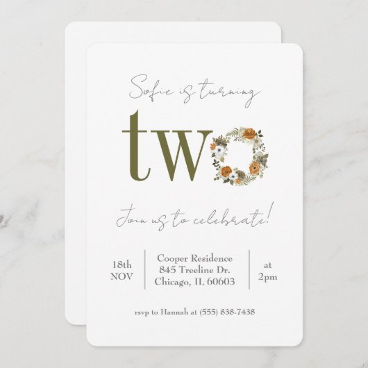 Floral Second Birthday Invitation Kaart (Voorkant / Achterkant)