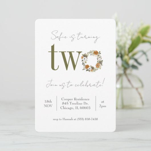 Floral Second Birthday Invitation Kaart (Staand voorkant)