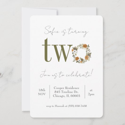 Floral Second Birthday Invitation Kaart (Voorkant)