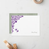 Floral Secret Garden Sage Stripe Script Name Notitiekaartje (Voorkant / Achterkant in situ)