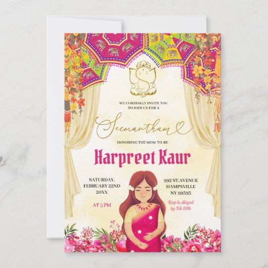 Floral Seemantham Godh Barai Indian Baby shower Kaart (Voorkant)