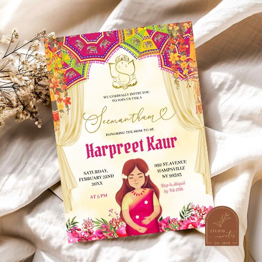 Floral Seemantham Godh Barai Indian Baby shower Kaart