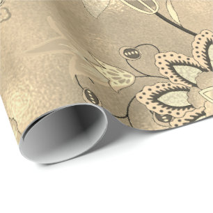 Floral Sepia Gold Glass Oriental Flowers Cadeaupapier