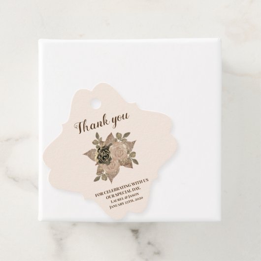 Floral Sepia Roos Gold Glitter Script Dank u Bedankjes Labels (In situ)