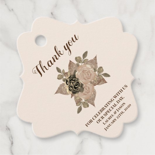 Floral Sepia Roos Gold Glitter Script Dank u Bedankjes Labels (Voorkant)