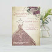 Floral sequeit roos gouden jurk Quinceañera Invit Kaart (Staand voorkant)