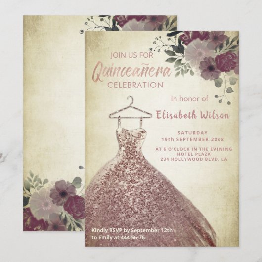Floral sequeit roos gouden jurk Quinceañera Invit Kaart (Voorkant / Achterkant)