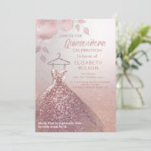 Floral sequeit roos gouden jurk Quinceañera Invit Kaart (Staand voorkant)