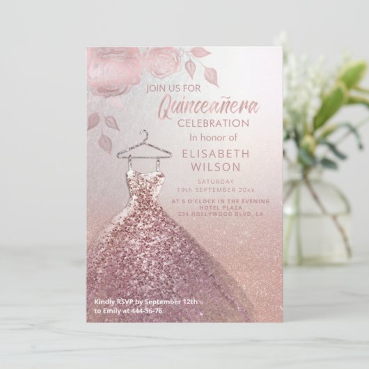 Floral sequeit roos gouden jurk Quinceañera Invit Kaart (Staand voorkant)