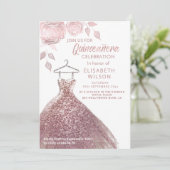 Floral sequeit roos gouden jurk Quinceañera Invit Kaart (Staand voorkant)